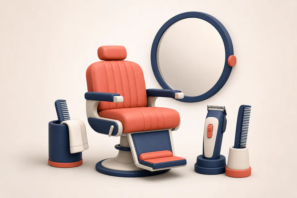 Ilustración del rubro barbería con sillón, espejo, máquina y peines