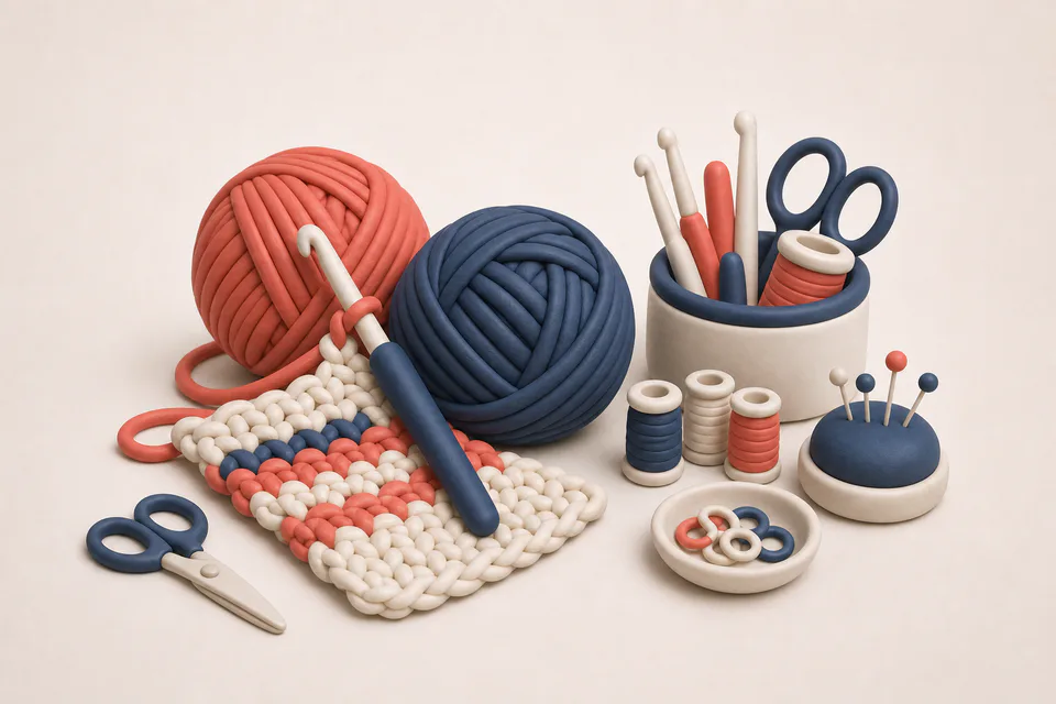 Ilustración del rubro crochet con ovillos, aguja, tejido y materiales de taller