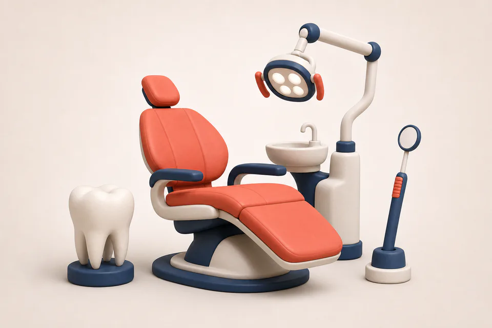Ilustración del rubro odontología con sillón, lámpara y elementos de atención dental