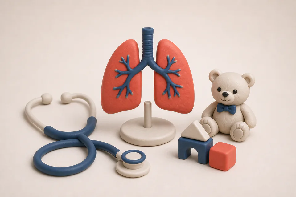 Ilustración del rubro pediatría y neumonología infantil con pulmones, estetoscopio y oso de juguete
