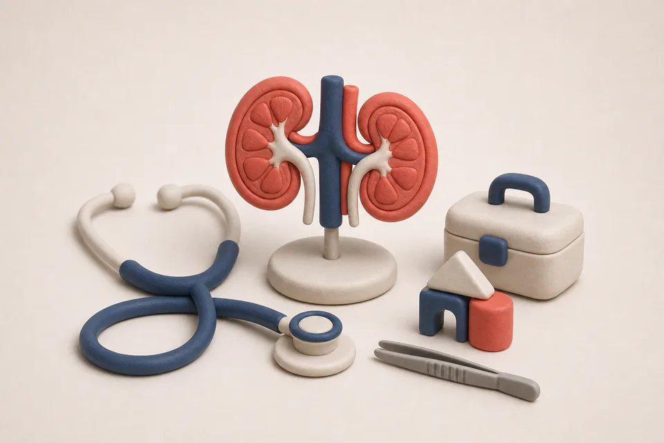 Ilustración del rubro urología y cirugía infantil con modelo renal y elementos de consulta médica