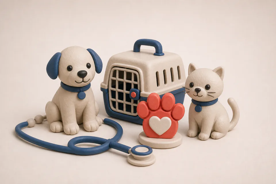 Ilustración del rubro veterinaria con perro, gato, transportadora y estetoscopio