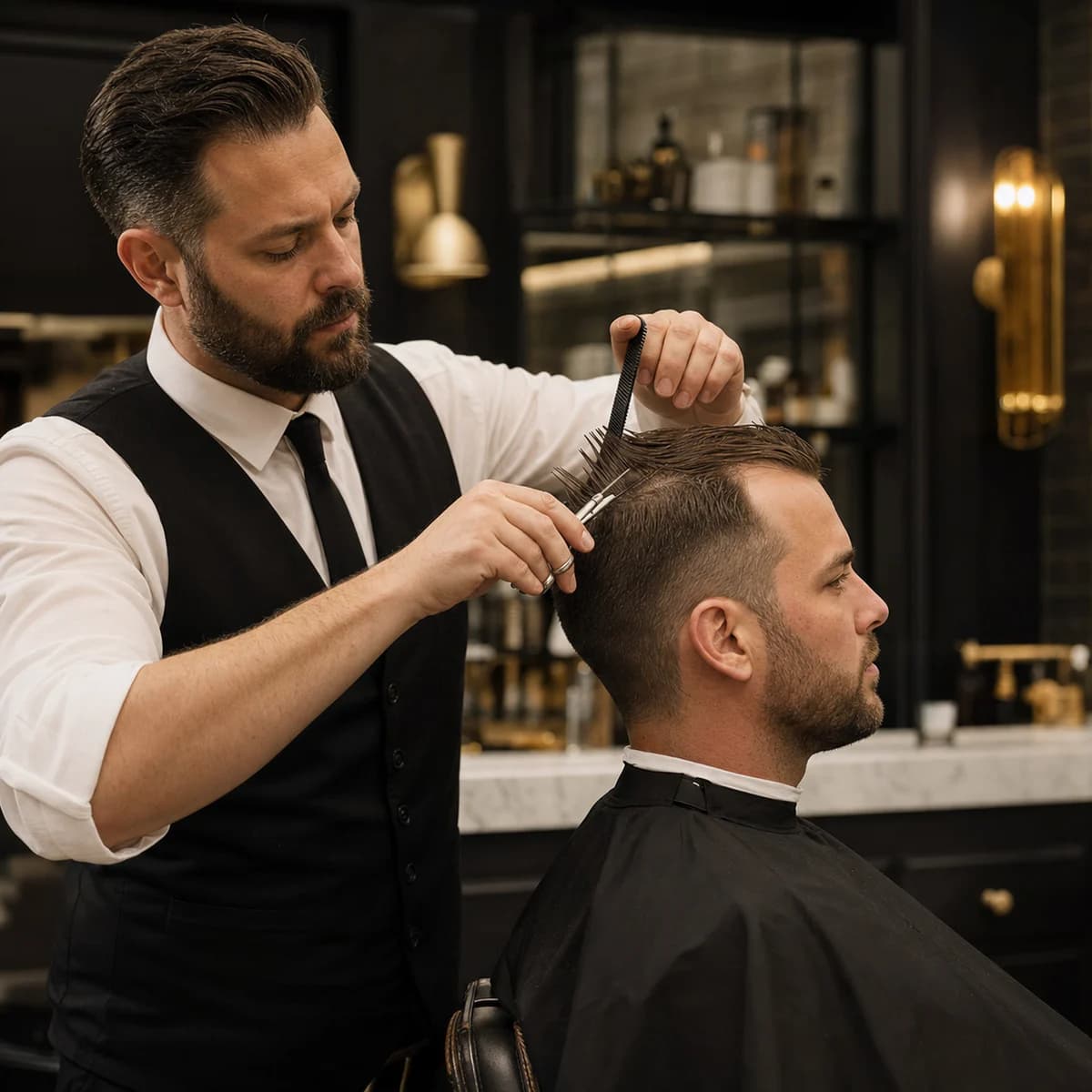 Barbero de la experiencia ficticia Black Crown realizando un corte
