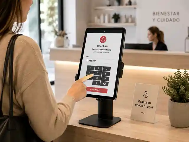 Persona realizando check-in en una tablet usada como tótem de recepción para anunciar su llegada
