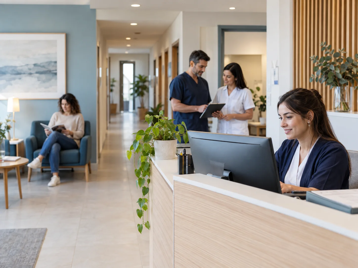 Recepcionista y profesionales coordinando una clínica multiprofesional