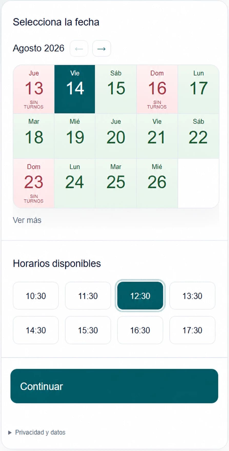 Selección de fecha y horario en el turnero móvil de FLAP